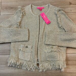 NWT Lilly Pulitzer Simora Cardigan in Gold Metallic Tweed, M $168 Tan